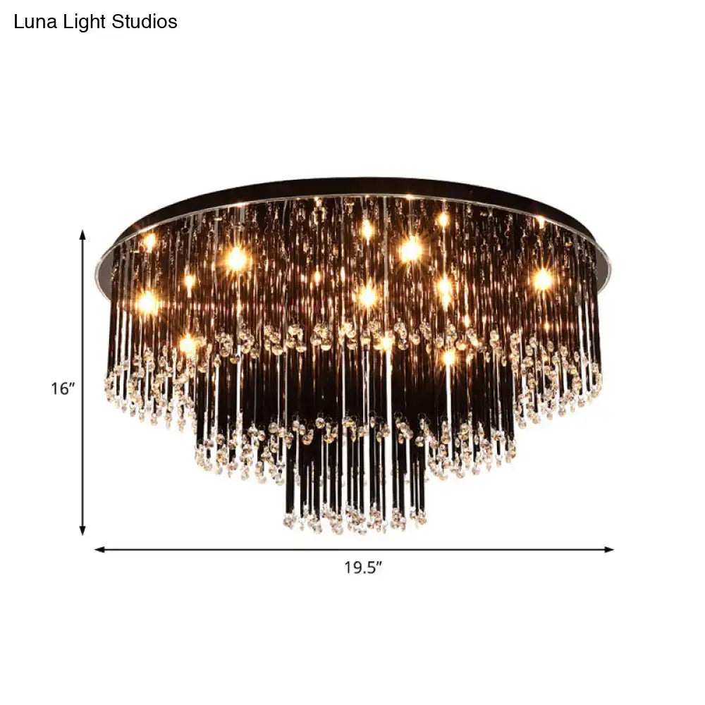 DecorBites modern black crystal flush mount chandelier with black metal frame and cascading clear crystal prisms for bedroom