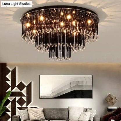 DecorBites™ modern black crystal flush mount chandelier with sleek frame and cascading crystal prisms for bedroom