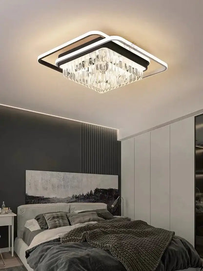 Modern black crystal industrial pendant chandelier set with rectangular frame and cascading clear crystal prisms for living room decor