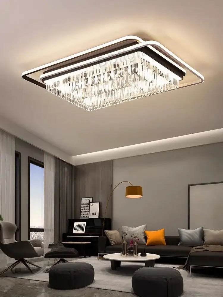 Modern black crystal industrial pendant chandelier set featuring rectangular ceiling light with clear crystal droplets and integrated led strip