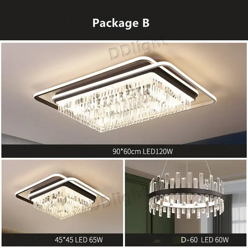 Modern black crystal industrial chandelier set with rectangular led ceiling light and cascading clear crystal prisms