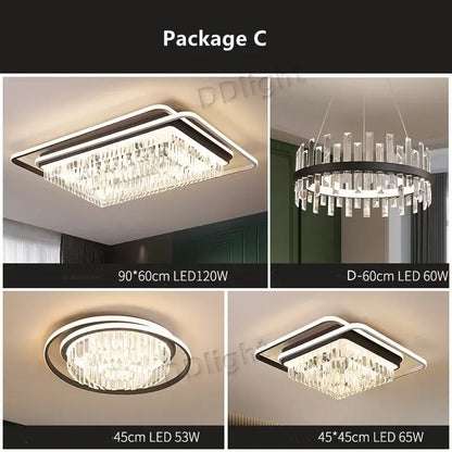 Modern black crystal industrial pendant chandelier set with sleek metal frames and illuminated led lighting for living room decorbites