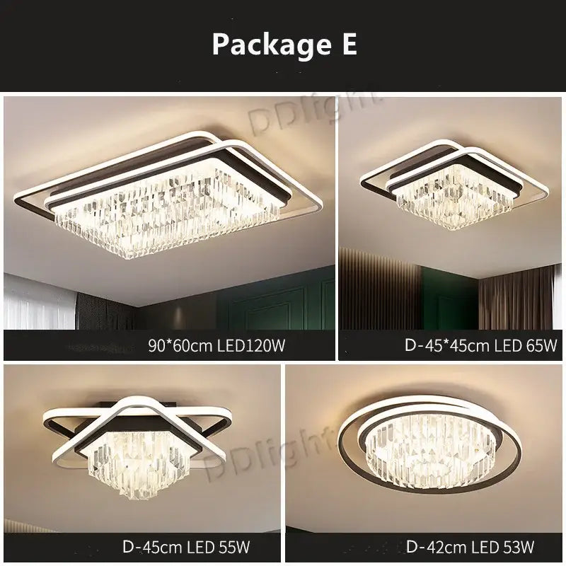Modern black crystal industrial chandelier set with rectangular and circular led lights white metal frames decorbites crystal industrial pendant