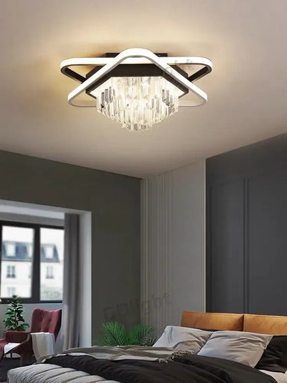 Modern black crystal industrial pendant chandelier set featuring a sleek black and white geometric frame with crystal centerpiece