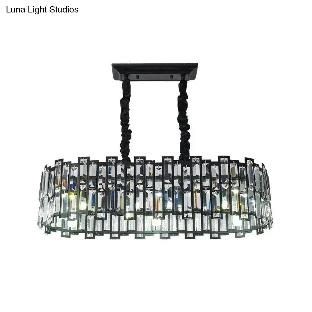 Modern black crystal island pendant light with cascading clear crystal prisms for dining room illumination