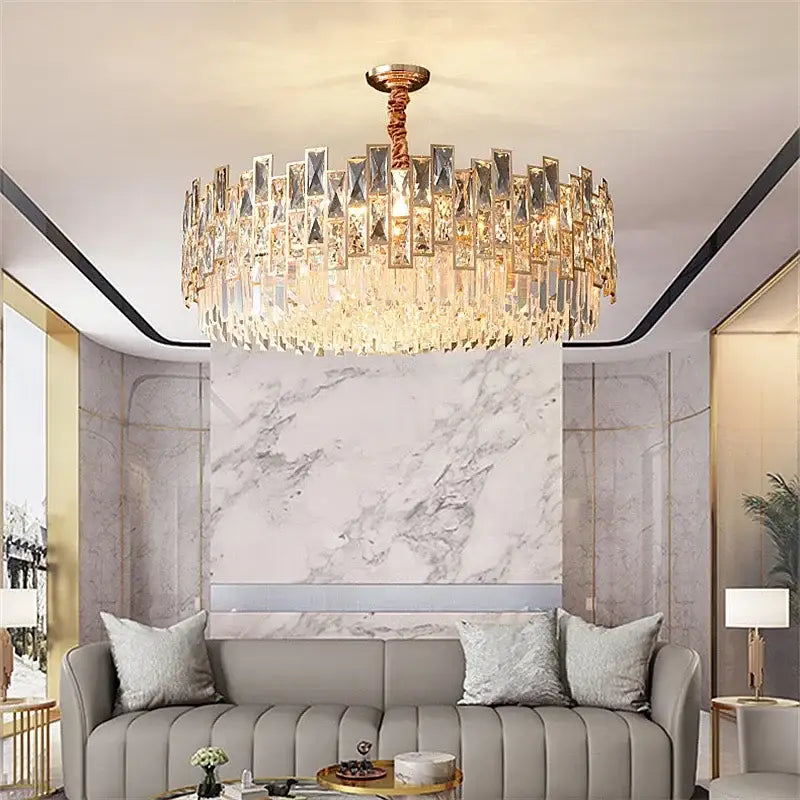 Modern black crystal led chandelier featuring a luxurious gold-toned frame with cascading crystal prisms for elegant decorbites black crystal decor