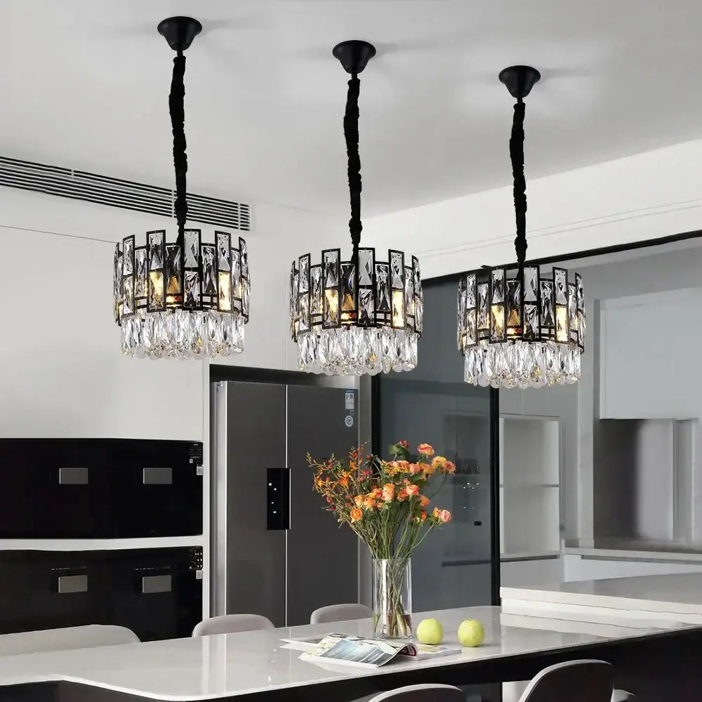 Modern black crystal led chandelier featuring three black-framed designs with hanging clear glass crystals for living room decorbites black crystal
