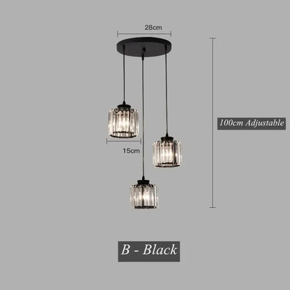 Modern black crystal led pendant chandelier with three cylindrical glass shades for dining room decorbites crystal led