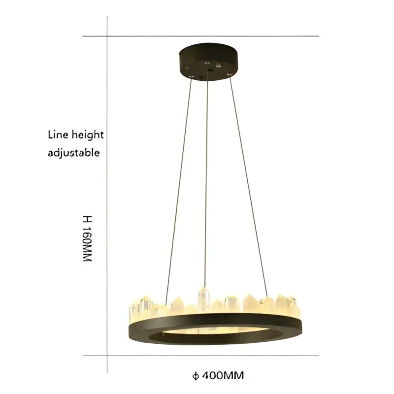 Modern black crystal led pendant light with 400mm diameter and adjustable height featuring illuminated cityscape rim decorbites crystal led pendant lights