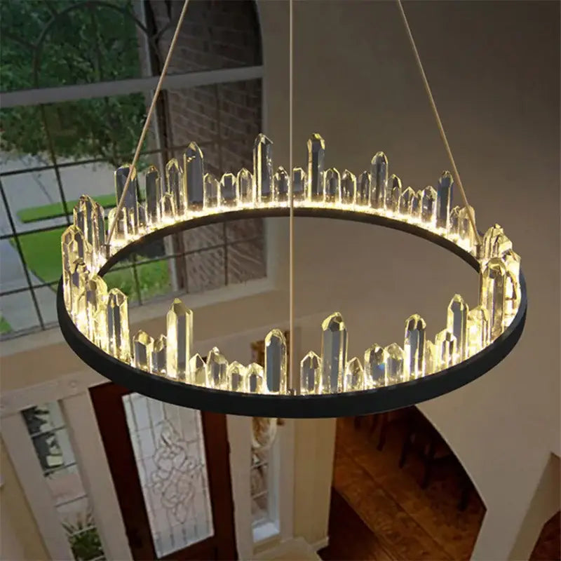 Modern black crystal led pendant chandelier featuring illuminated crystal rods in a circular design for dining room decorbites pendant lights