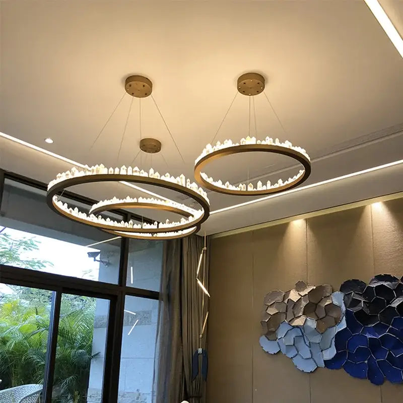 Modern black pendant lights with gold-toned circular frame and embedded crystal elements for dining room decorbites crystal led chandelier