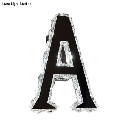 Modern black crystal letter a wall sconce with clear crystal beads edges featuring white warm natural light 110v-120v maximum bulb wattage