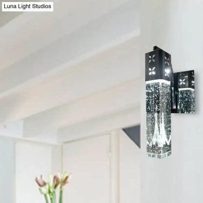 Modern black crystal rectangle wall sconce with clear bubble crystal rectangle and geometric cut-out patterns for bedroom light