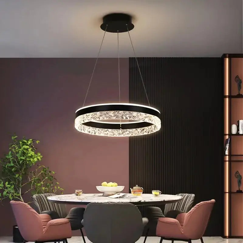Modern black crystal ring led pendant light with sleek circular design for bedroom lighting decorbites crystal ring