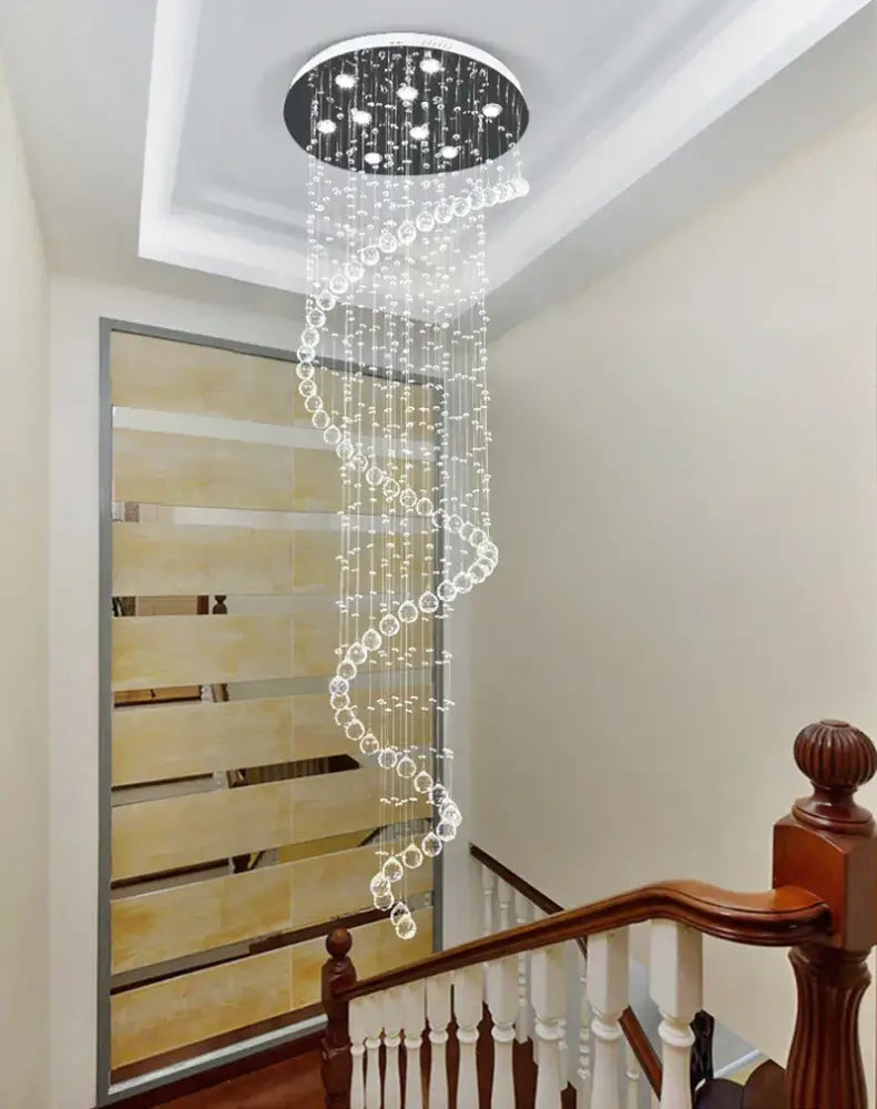 Modern black crystal staircase chandelier featuring a spiral design with clear crystal beads from decorbites crystal staircases