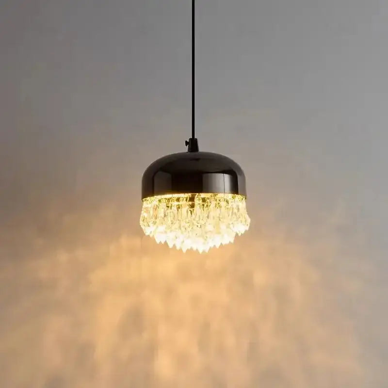 Modern black crystal tassel chandelier with dome pendant light and cascading clear crystal tassels for bedroom use