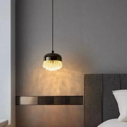 Modern black crystal tassel chandelier bedroom pendant light featuring a black pendant with cascading crystal tassel fringe