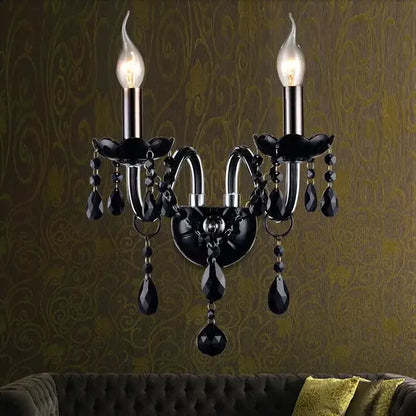 Modern black crystal wall lamp with two candle-style bulbs and teardrop crystals for bedroom pendant light decorbites crystal wall