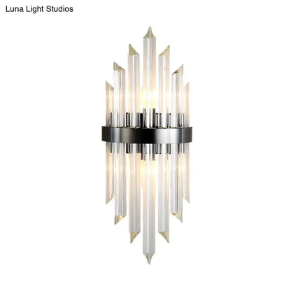 Modern black crystal wall lamp with clear prisms and chrome accents in sleek black color for living room lighting