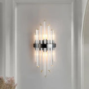 Modern black crystal wall lamp with clear glass rods and sleek chrome base for living room lighting