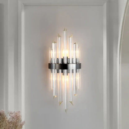 Modern black crystal wall lamp with clear glass rods and sleek chrome base for living room lighting