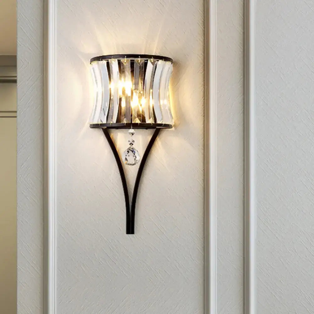 Elegant modern black crystal wall sconce with curved leaf base and vertical prisms for bedroom wall mounted lighting wall lamp