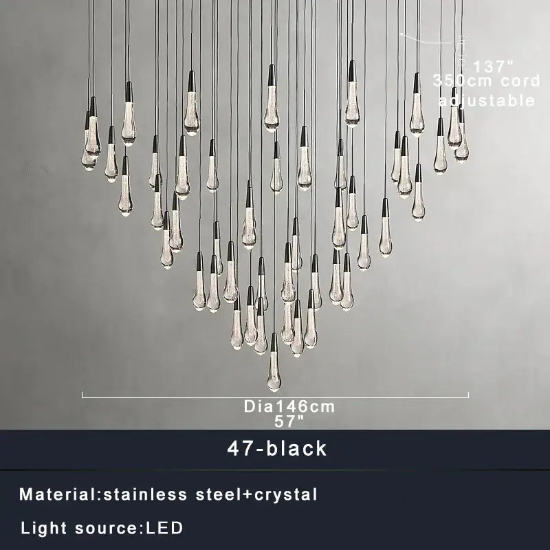 Modern black crystal chandelier light fixture with 47 teardrop LED lights and stainless steel cords for stairwell decorbites crystal