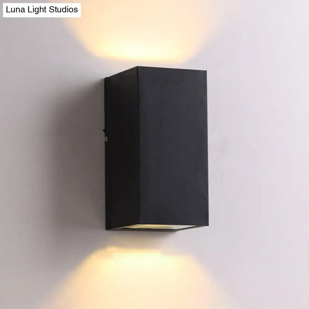 Modern black cube led wall sconce emitting warm light top and bottom for 110v-120v or 220v-240v porch use