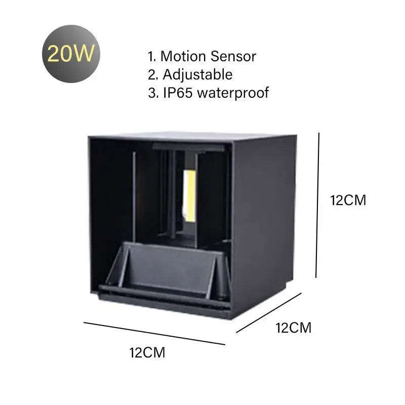 Modern black cube motion sensor led wall lamp outdoor sconce with 20w power adjustable mounting and ip65 waterproof rating