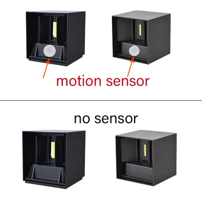 Modern black cube motion sensor led wall lamp outdoor sconce featuring a sleek black square design with motion sensor option