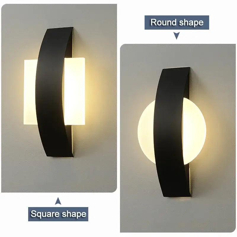Modern black curved led wall light with square illuminated panels designed as a kitchen and dining wall lamp