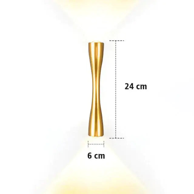 Modern black curved wall sconce outdoor porch light with gold finish, slender hourglass shape and warm ambient lighting