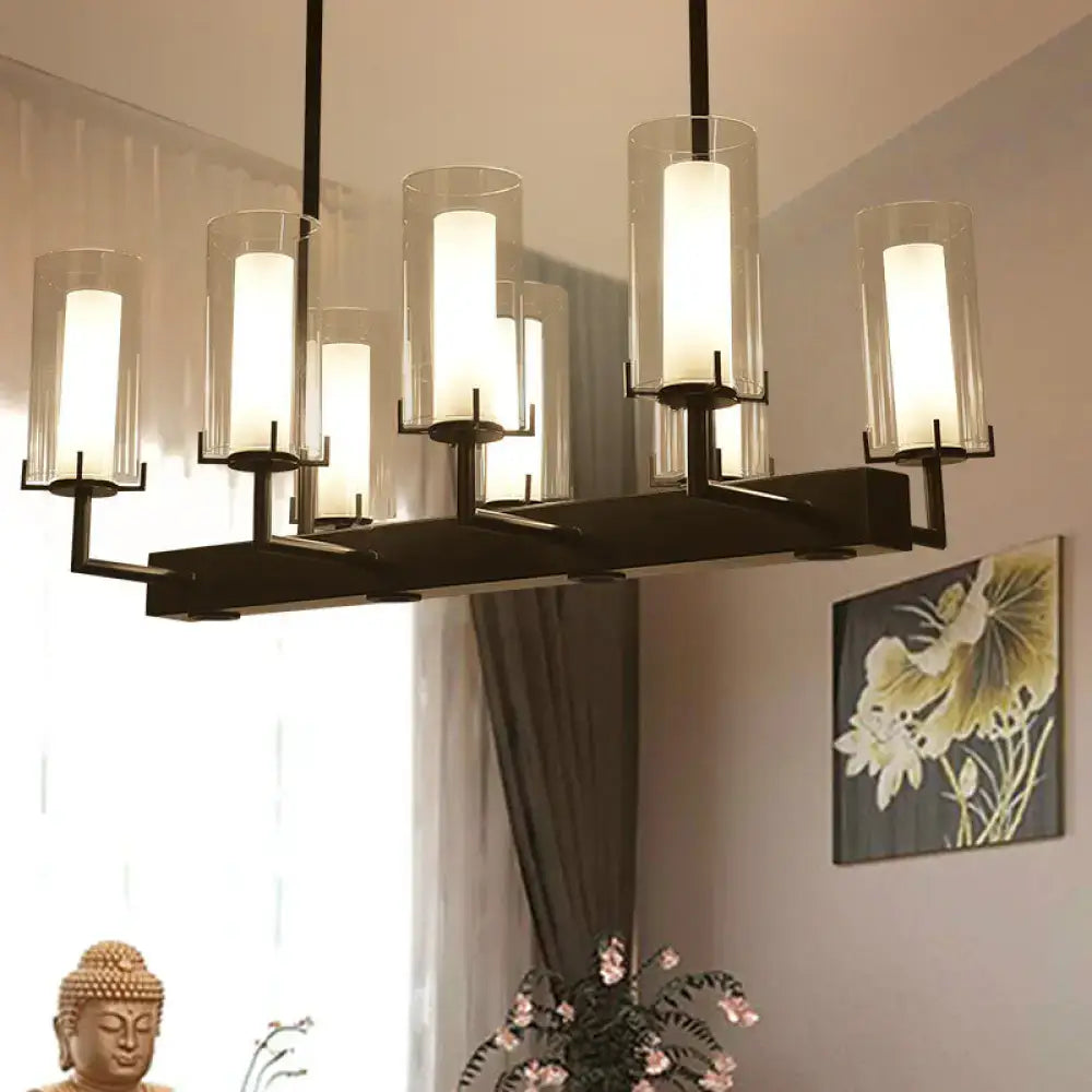 Modern black metal chandelier with cylinder clear glass shades for clear glass island lighting by DecorBites™