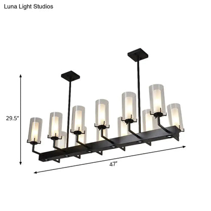 Black metal chandelier with ten frosted cylinder clear glass shades for clear glass island pendant lighting