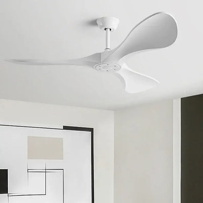 Modern black and dark brown ceiling fan with sleek white blades, remote control, and blade dc motor for bedroom use