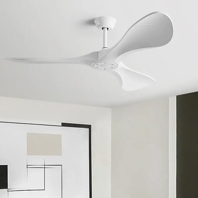 Modern black and dark brown ceiling fan with sleek white blades, remote control, and blade dc motor for bedroom use
