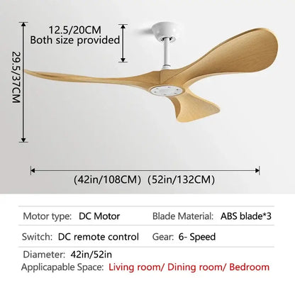 Modern black and dark brown ceiling fan with remote control featuring three light wood abs blades and blade dc motor