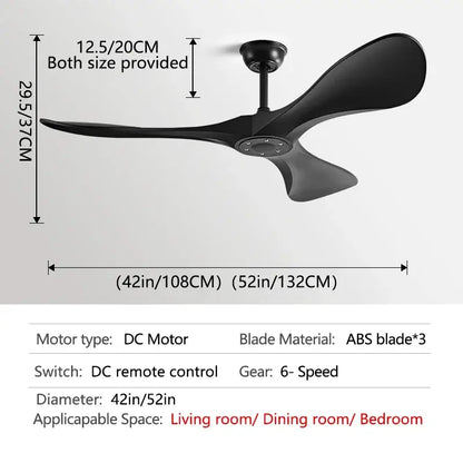 Modern black and dark brown ceiling fan with three curved ABS blades and remote control blade DC motor for bedroom use