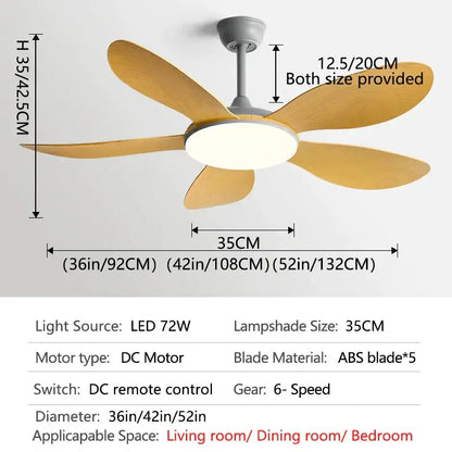 Modern black dc ceiling fan light with five light brown abs wood blades and gray motor housing for bedroom use