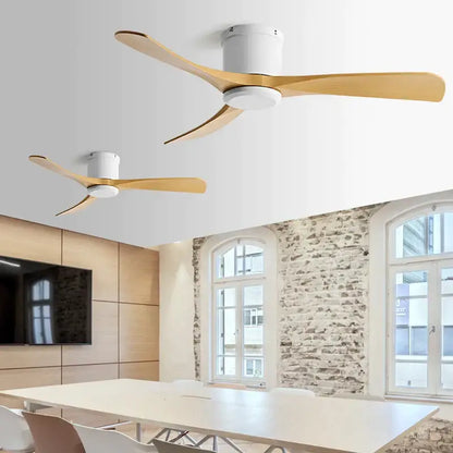Modern black dc motor ceiling fan with remote control featuring three slender light wood blades and white housing for dining room