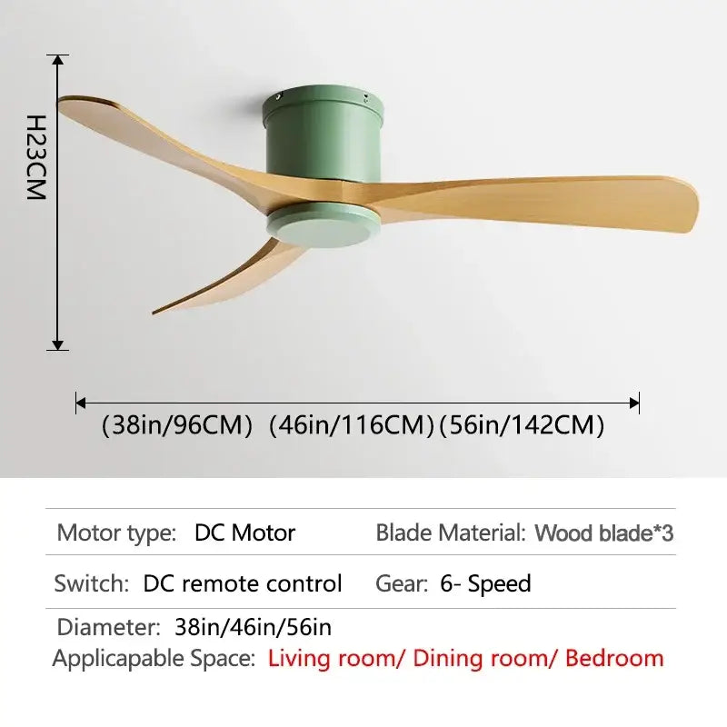 Modern ceiling fan with three light wood blades and sage green motor housing featuring black dc motor and remote control