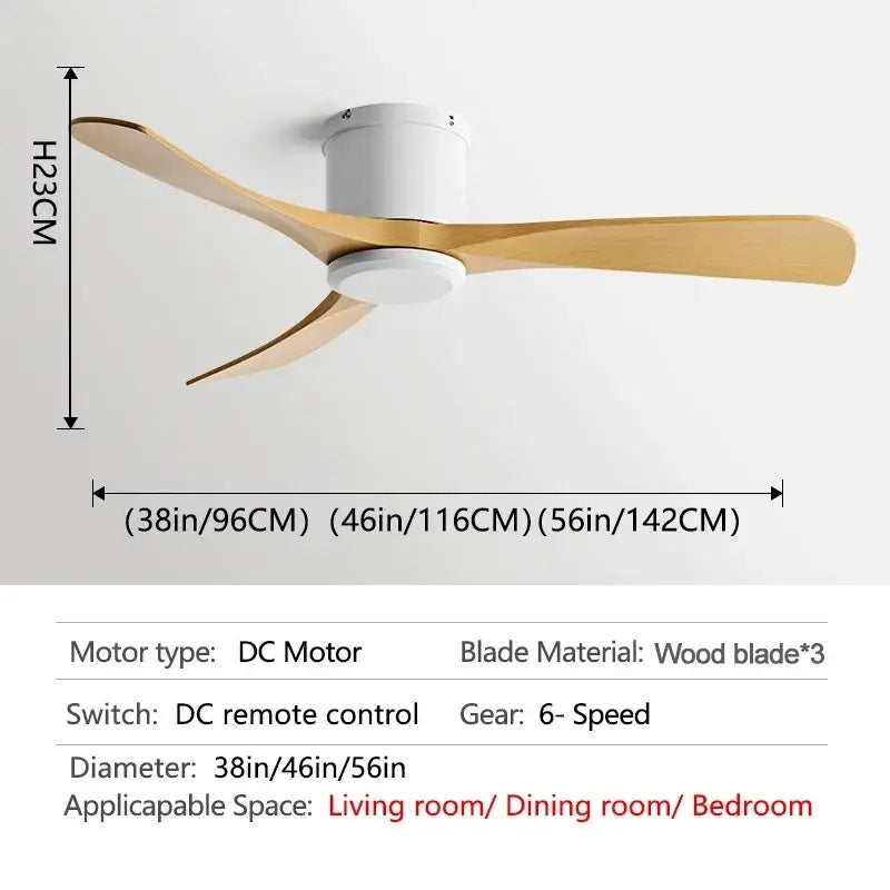Modern black dc motor ceiling fan with remote control featuring three light wooden blades and white motor housing