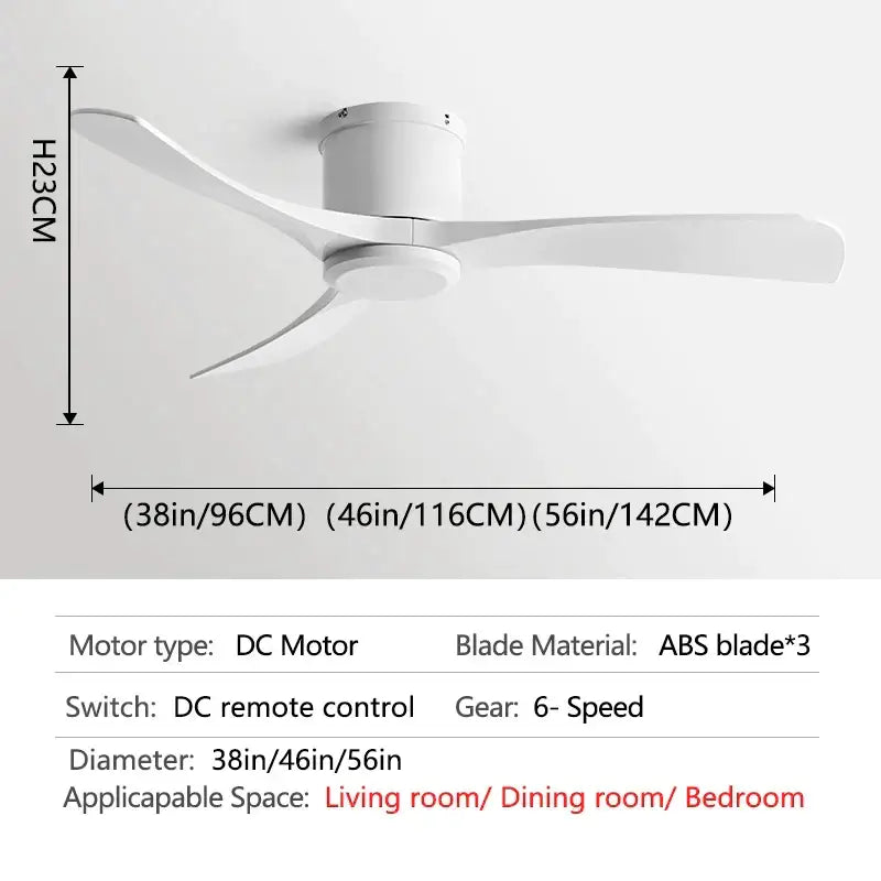 White ceiling fan with three sleek abs blades and minimalist housing for modern black dc motor remote control use