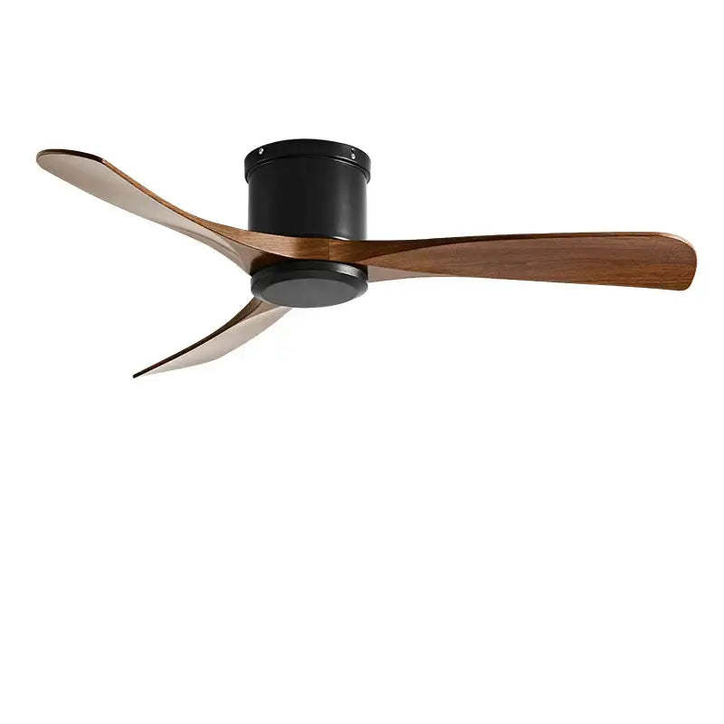 Modern black dc motor ceiling fan with remote control featuring three wooden blades in a dining room setting