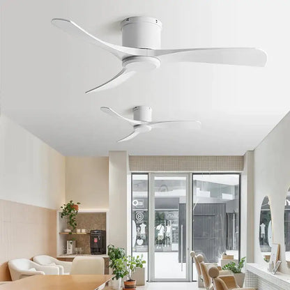 Modern black dc motor ceiling fan with sleek white curved blades and remote control for dining room use