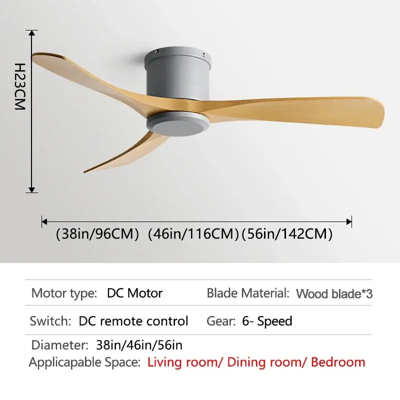 Modern black dc motor ceiling fan with remote control featuring three light wooden blades and sleek gray housing for dining room