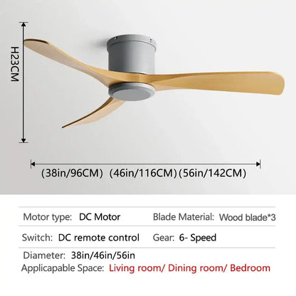 Modern black dc motor ceiling fan with remote control featuring three light wooden blades and sleek gray housing for dining room