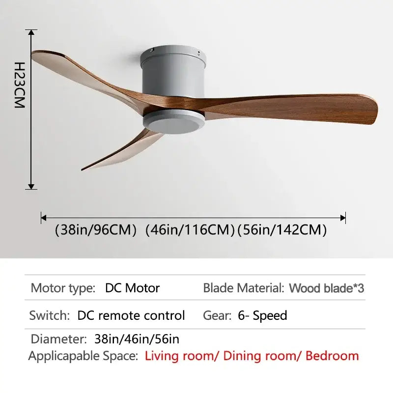 Modern black dc motor ceiling fan with three wooden blades and remote control for dining room use
