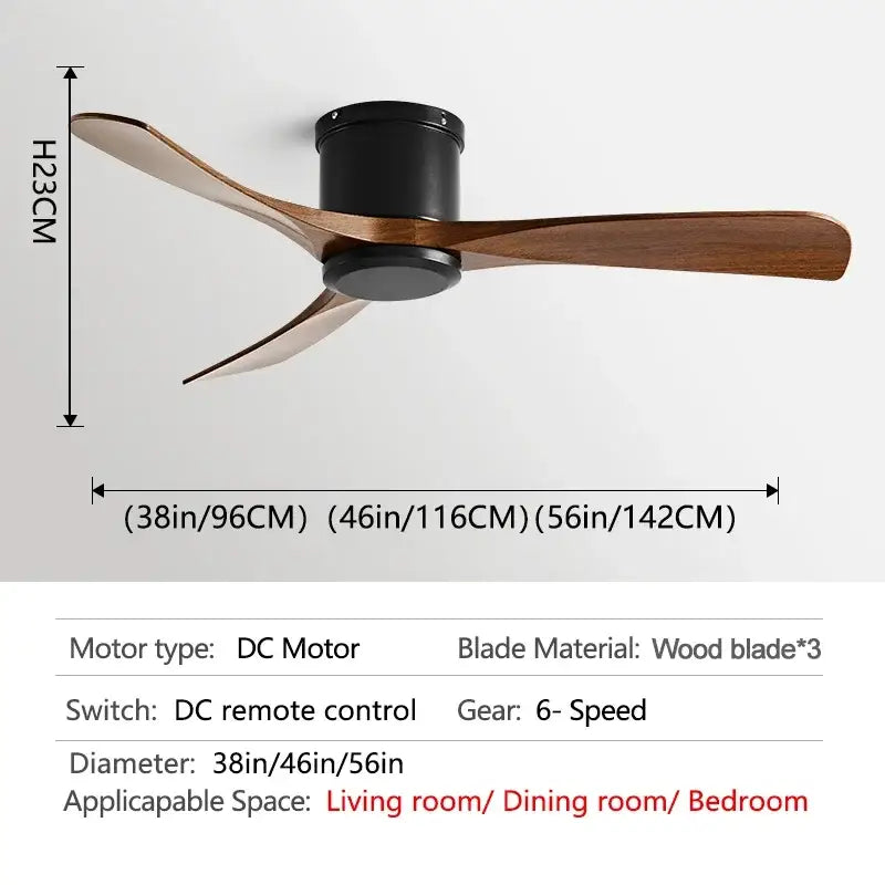 Modern ceiling fan with three wooden blades and black dc motor housing with remote control for dining room use