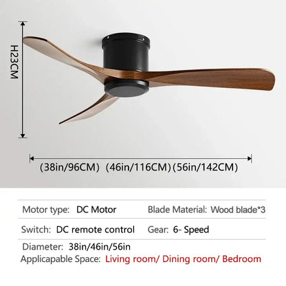 Modern ceiling fan with three wooden blades and black dc motor housing with remote control for dining room use
